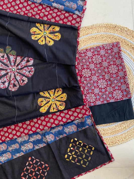 Ajrakh Dupatta suit With hand applique mirror work Ajarakh print Suit pcs with patch work and mirror work dupatta