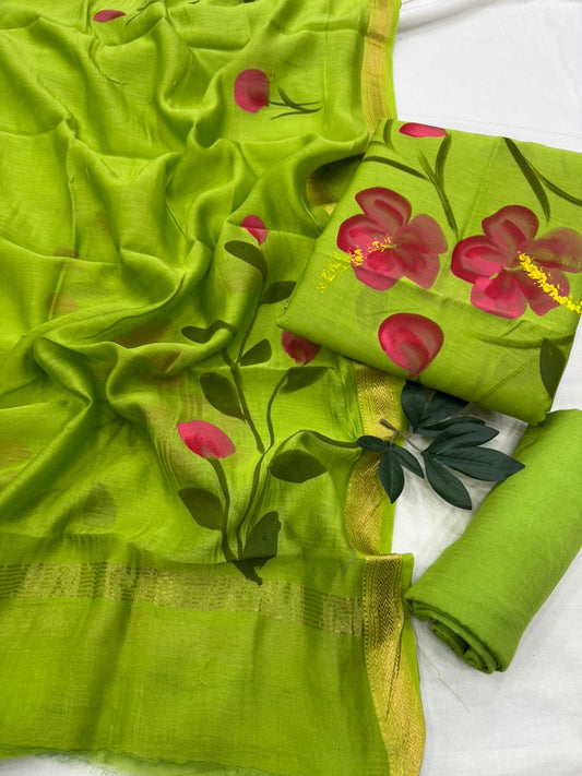 Hand-painted Premium Maheshwari Silk Unstitched Suit with Santoon Bottom – Festive Ready