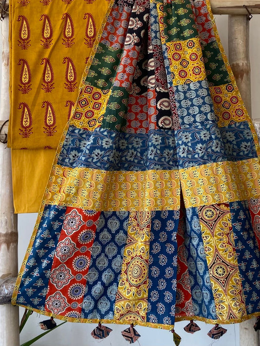 Ajrakh Dupatta suit With hand applique mirror work Ajarakh print Suit pcs with patch work and mirror work dupatta