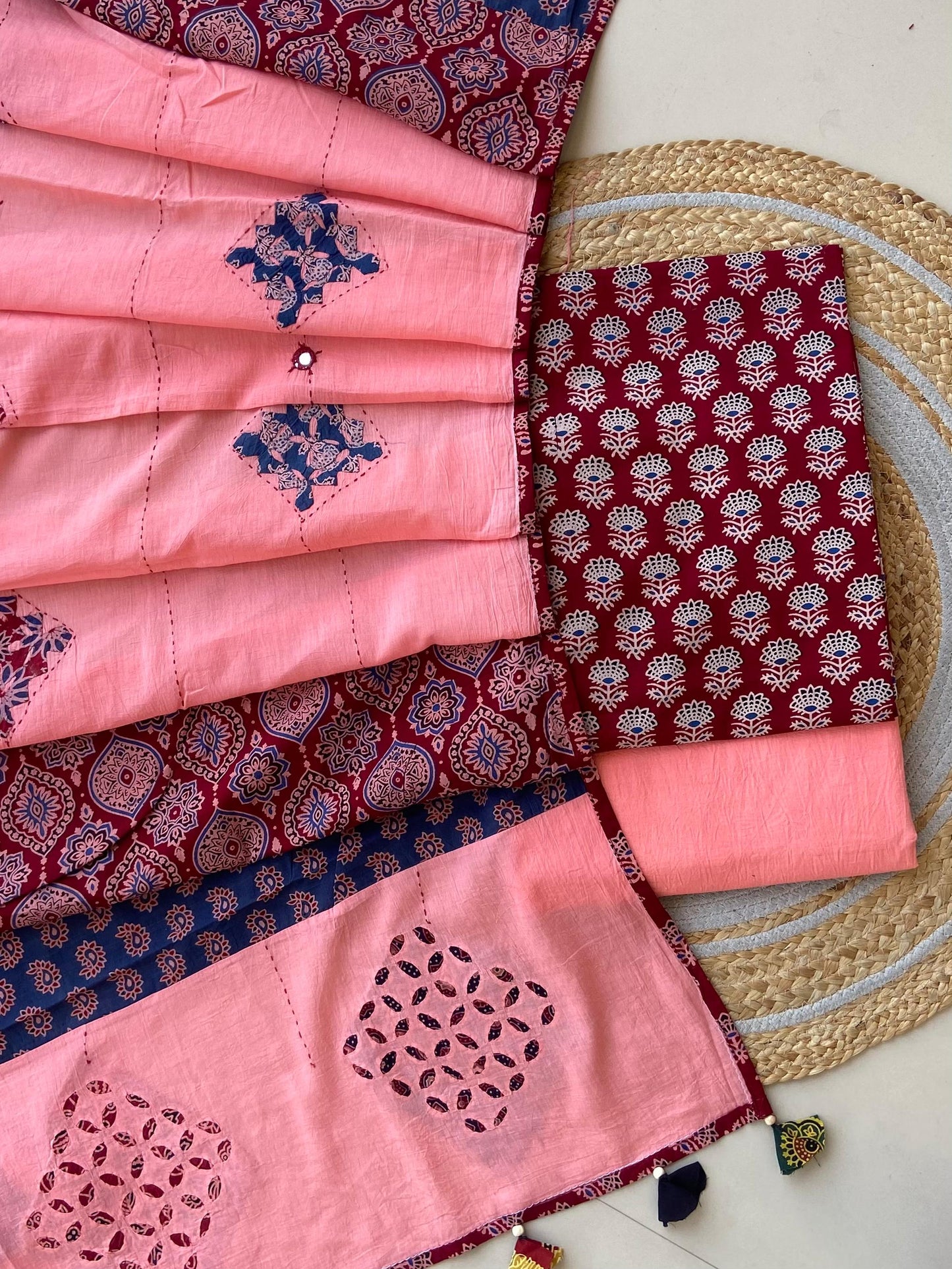 Ajrakh Dupatta suit With hand applique mirror work Ajarakh print Suit pcs with patch work and mirror work dupatta