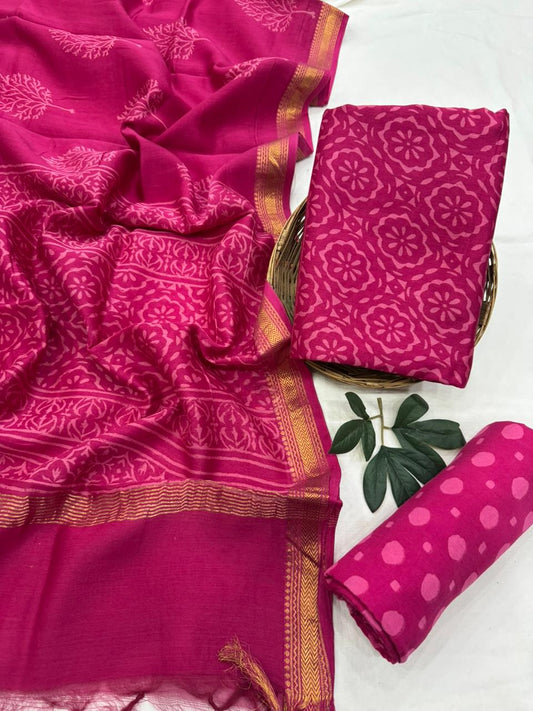 Blockprint magenta￼Premium Maheshwari Silk Unstitched Suit with Santoon Bottom – Festive Ready