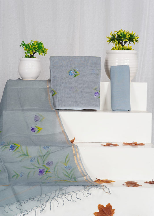 HANDPAINTED Kota Doria Suit Material With Kota Doria Dupatta with Jari Border