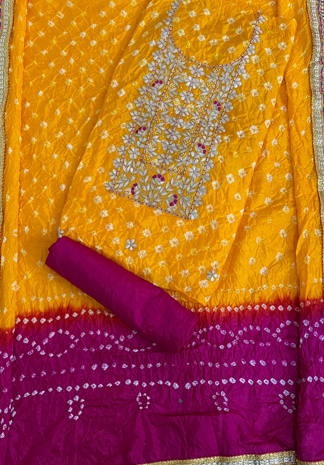 BANDHANI HEAVY SILK FABRIC SUITS WITH BEAUTIFUL HAND GOTAPATTI WORK DUPATTA DOUBLE SHADED