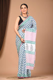 Handblock Printed Cotton Mulmul Saree with Blouse Piece
