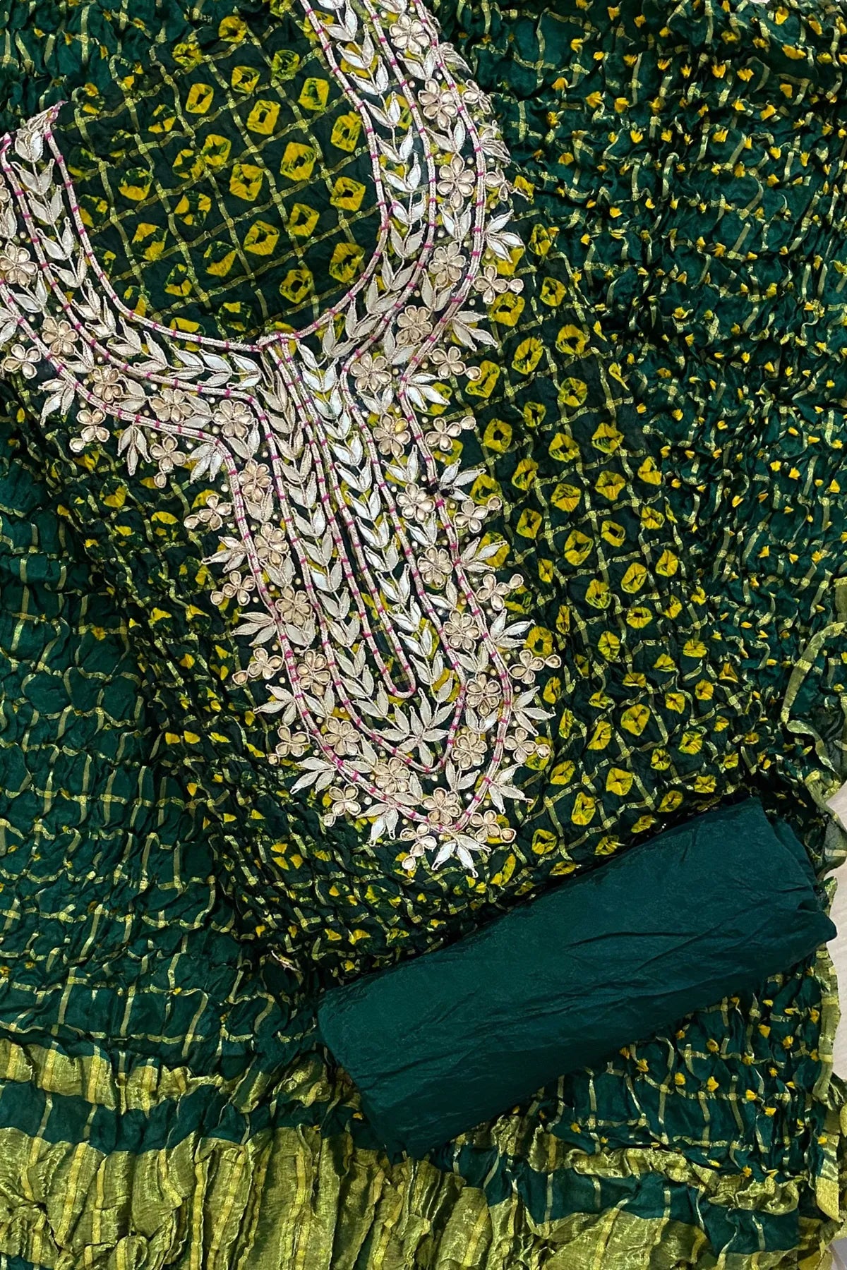 Green GHATCHOLA Round Neck BANDHANI Art SILK FABRIC SUITS WITH BEAUTIFUL HAND GOTAPATTI WORK DUPATTA