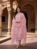 Baby Pink Hand Painted Cotton Suit With Hand Painted Chiffon Dupatta