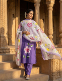 Baingani Hand Painted Cotton Suit With Hand Painted Chiffon Dupatta