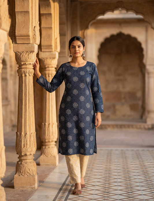 Bandhani Print Navy Blue Top and Bottom Cotton Combo Set