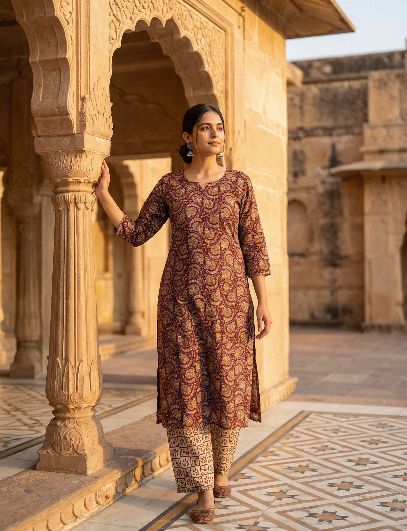 Beautiful Kalamkari Print Top and Bottom Cotton Combo Set