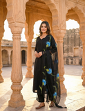 Black Hand Painted Cotton Suit With Hand Painted Chiffon Dupatta