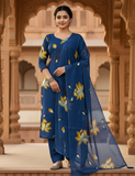 Blue Hand Painted Cotton Suit With Hand Painted Chiffon Dupatta