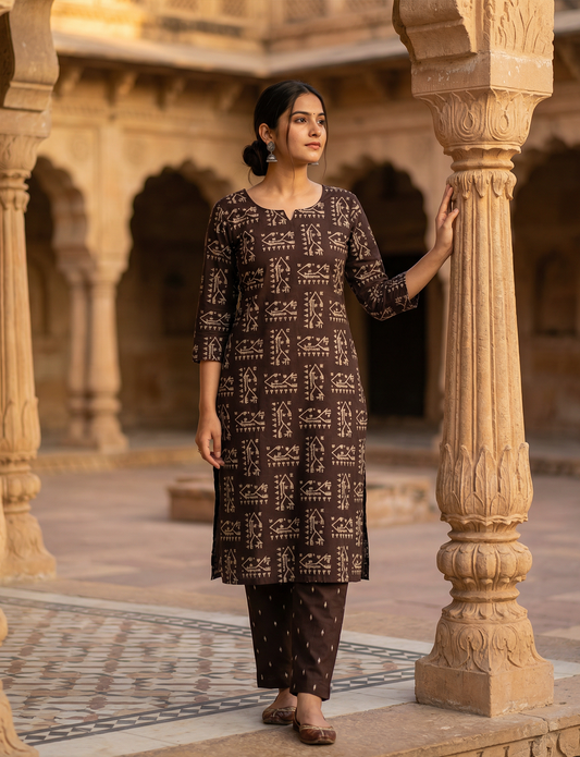 Brown figure Print Top and Bottom Cotton Combo Set 2.5 Mtr Each
