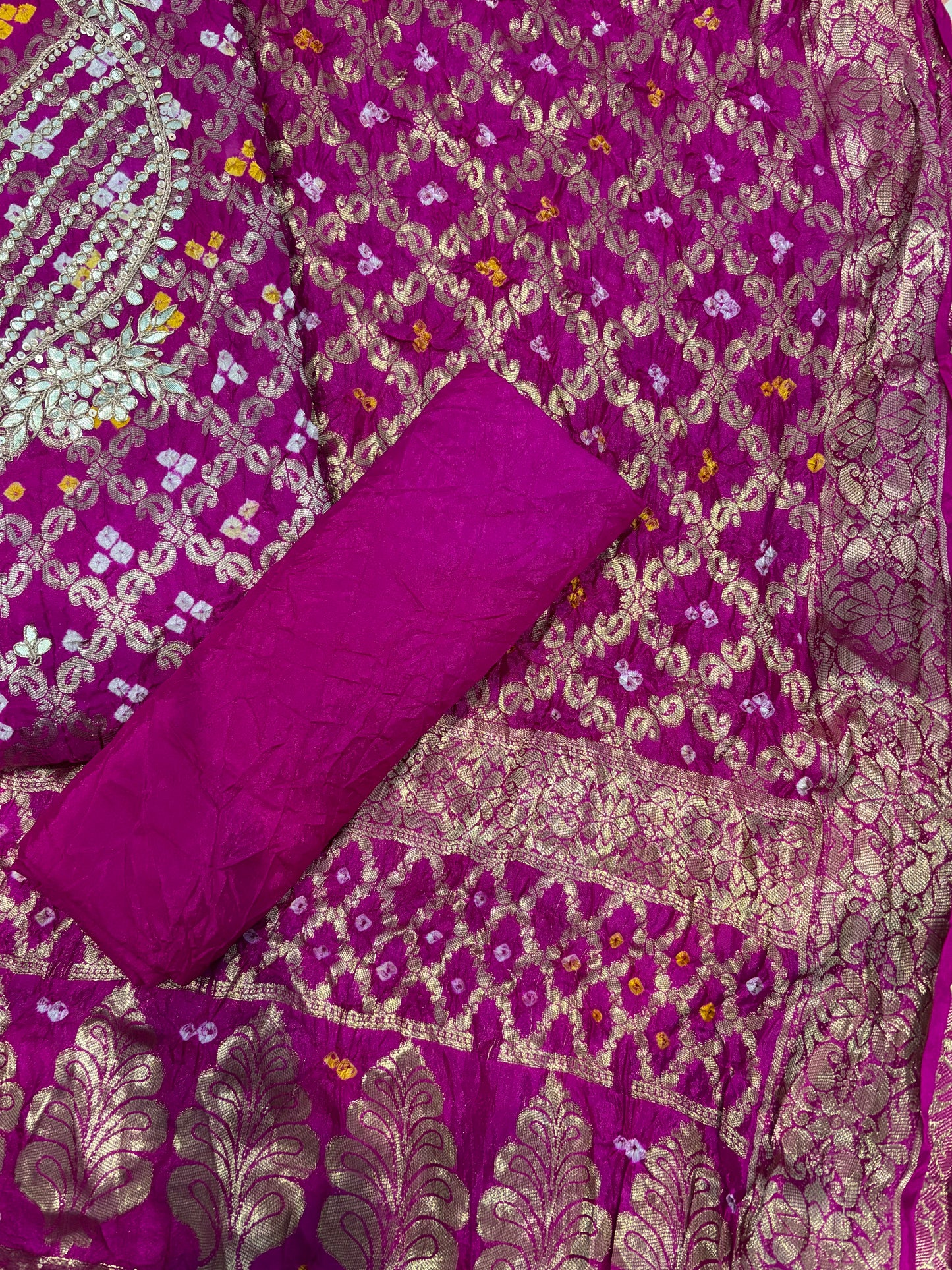RANI COLOUR GHATCHOLA BANDHANI BANARASI SILK FABRIC SUITS WITH BEAUTIFUL HAND GOTAPATTI WORK DUPATTA