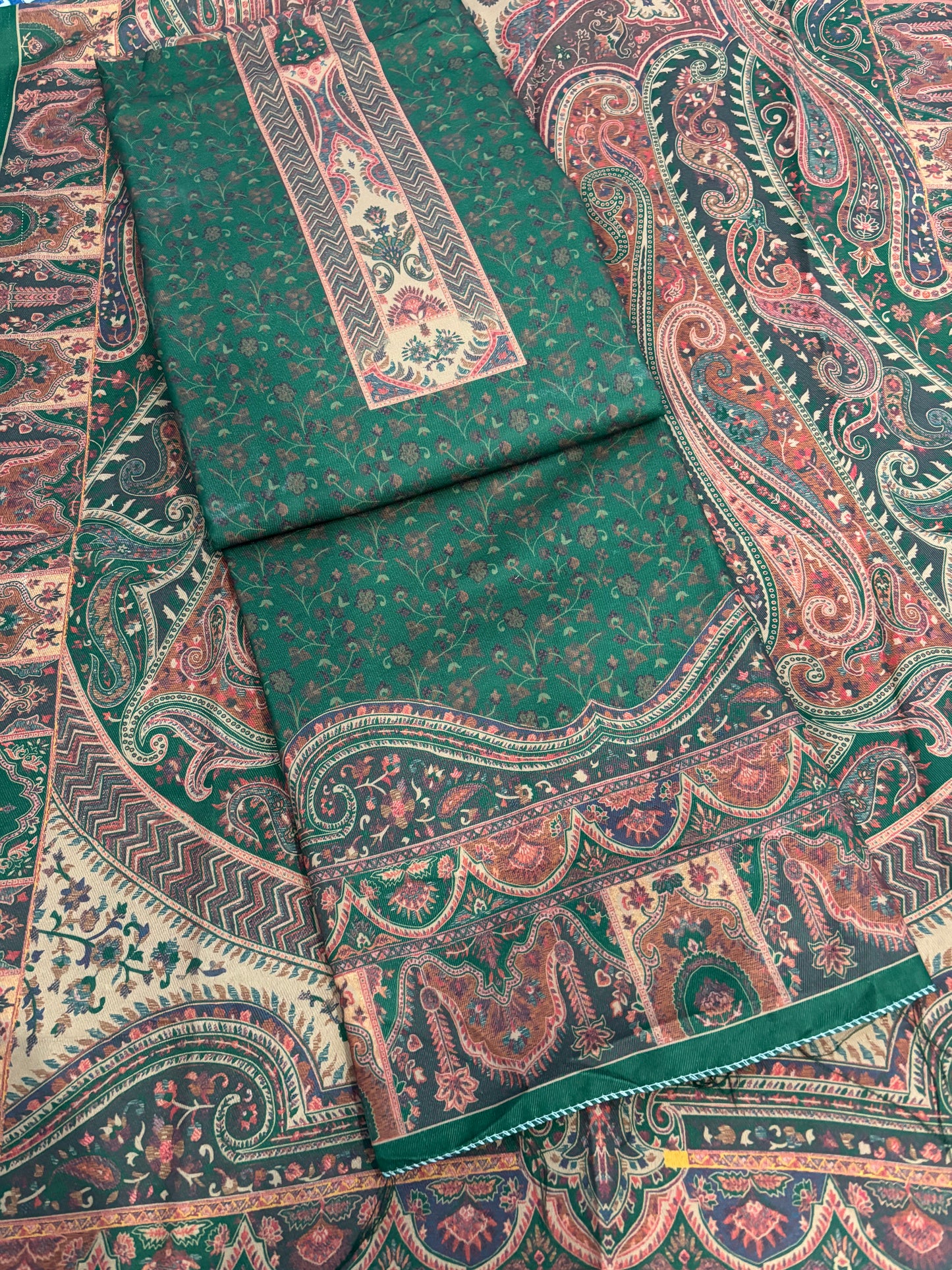 Green Panel Style Floral Printed Semi Pashmina Winter Suit Set