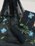 Black Hand Painted Cotton Suit With Hand Painted Chiffon Dupatta