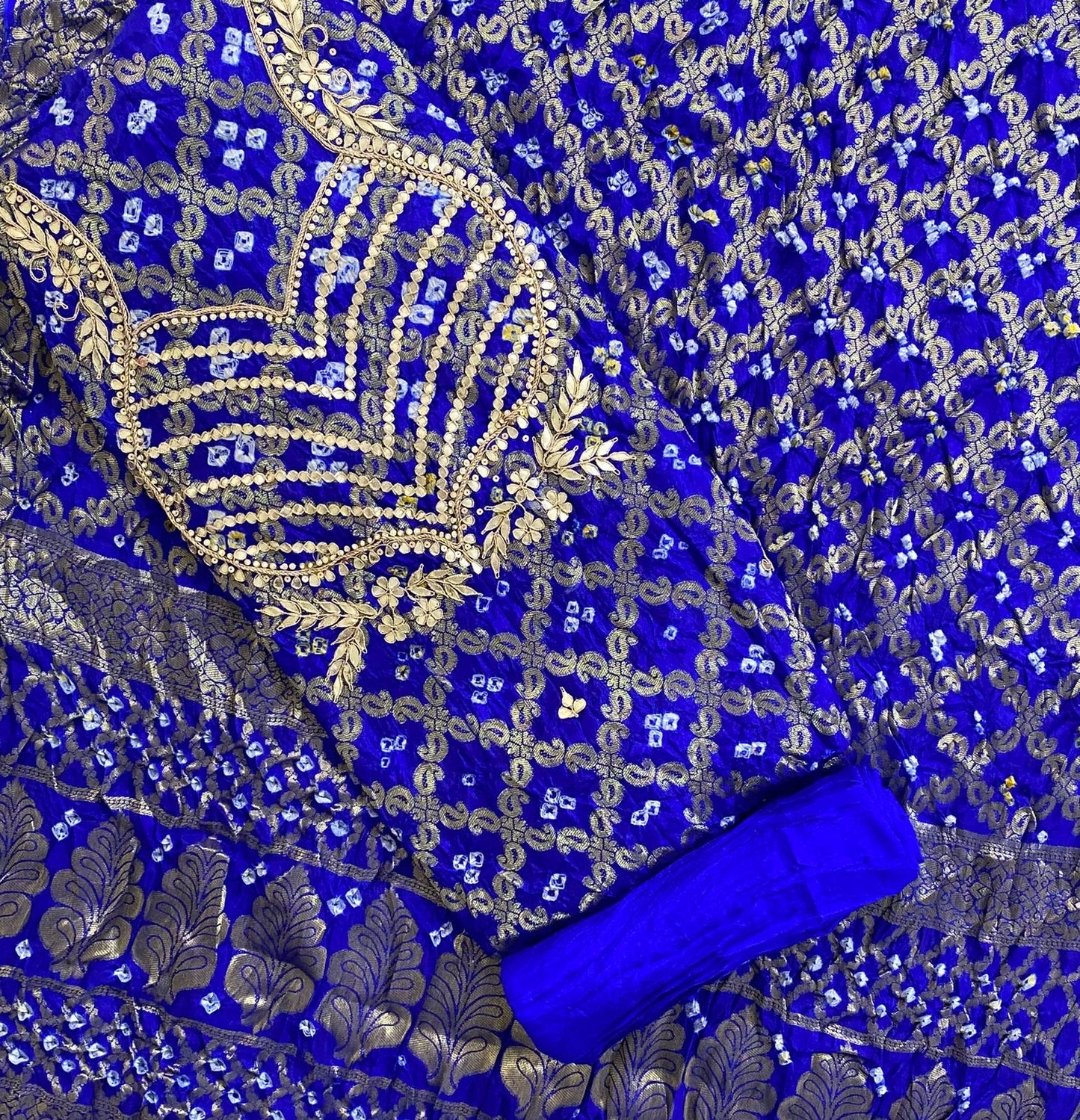 ROYAL BLUE GHATCHOLA BANDHANI BANARASI SILK FABRIC SUITS WITH BEAUTIFUL HAND GOTAPATTI WORK DUPATTA