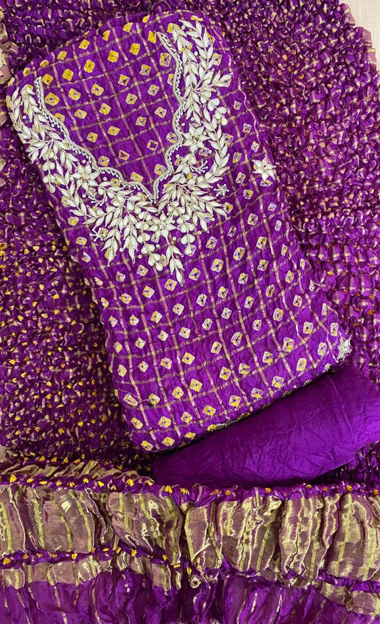 Purple GHATCHOLA V Neck BANDHANI Art SILK FABRIC SUITS WITH BEAUTIFUL HAND GOTAPATTI WORK DUPATTA