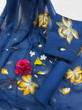Blue Hand Painted Cotton Suit With Hand Painted Chiffon Dupatta