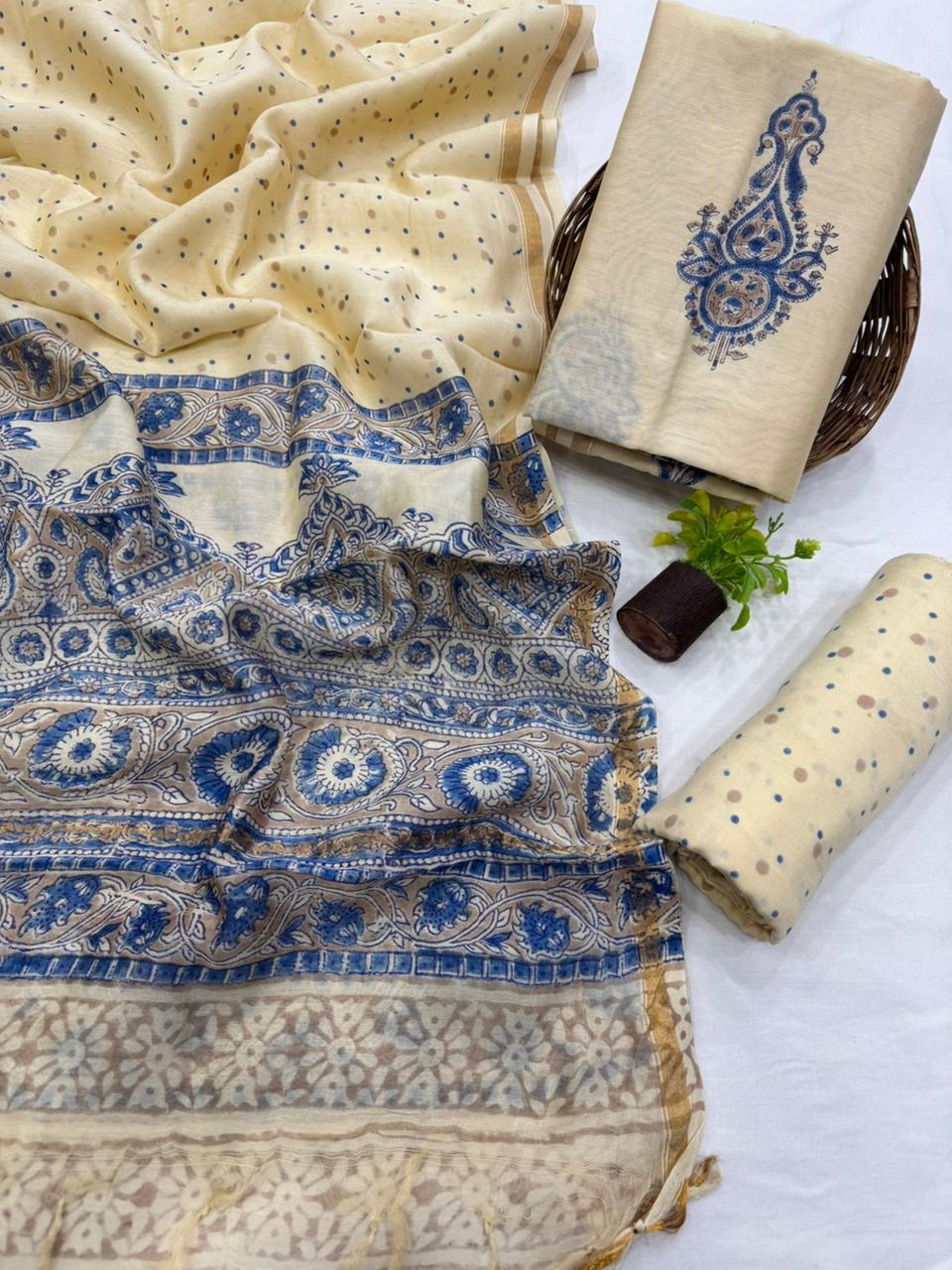 Premium Handblock Print Pure Chanderi Silk Unstitched Suit Set – Handwoven Zari Border | The Bhankar’s