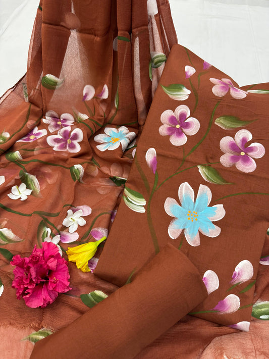 Rust Hand Painted Cotton Suit With Hand Painted Chiffon Dupatta