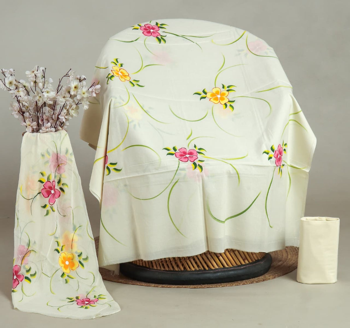 Off White Hand Painted Cotton Suit With Hand Painted Chiffon Dupatta