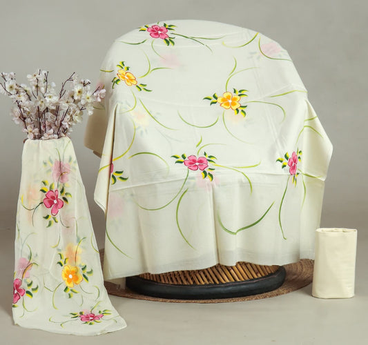 Off White Hand Painted Cotton Suit With Hand Painted Chiffon Dupatta