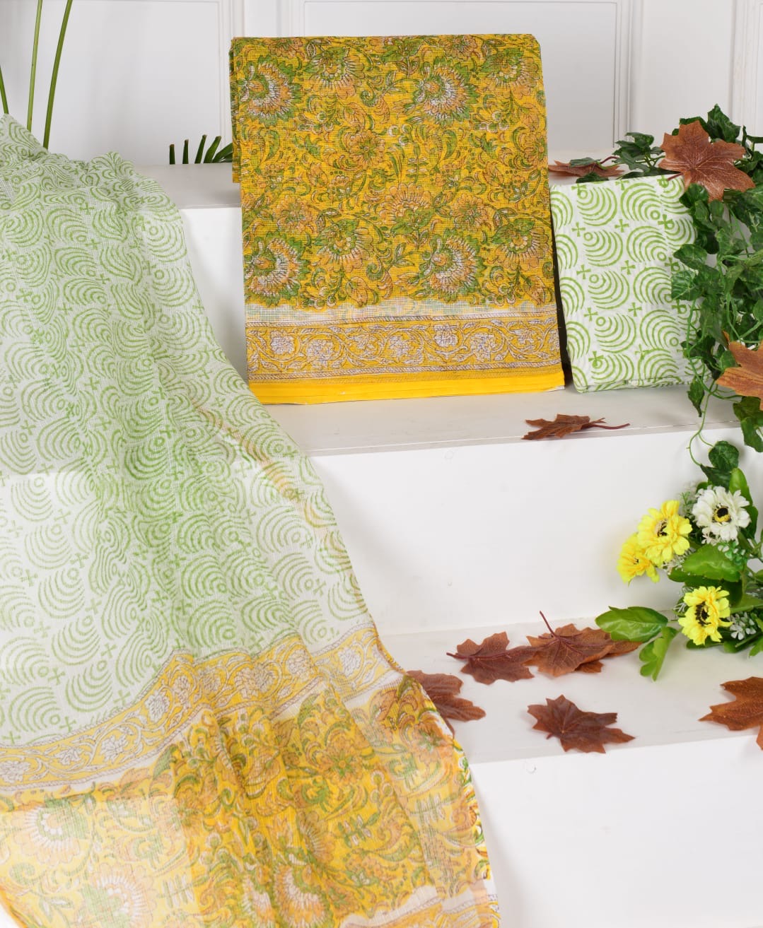 Yellow Sanganeri Handblock Printed Kota Doria Suit Material With Kota Doria Dupatta with Jari Border