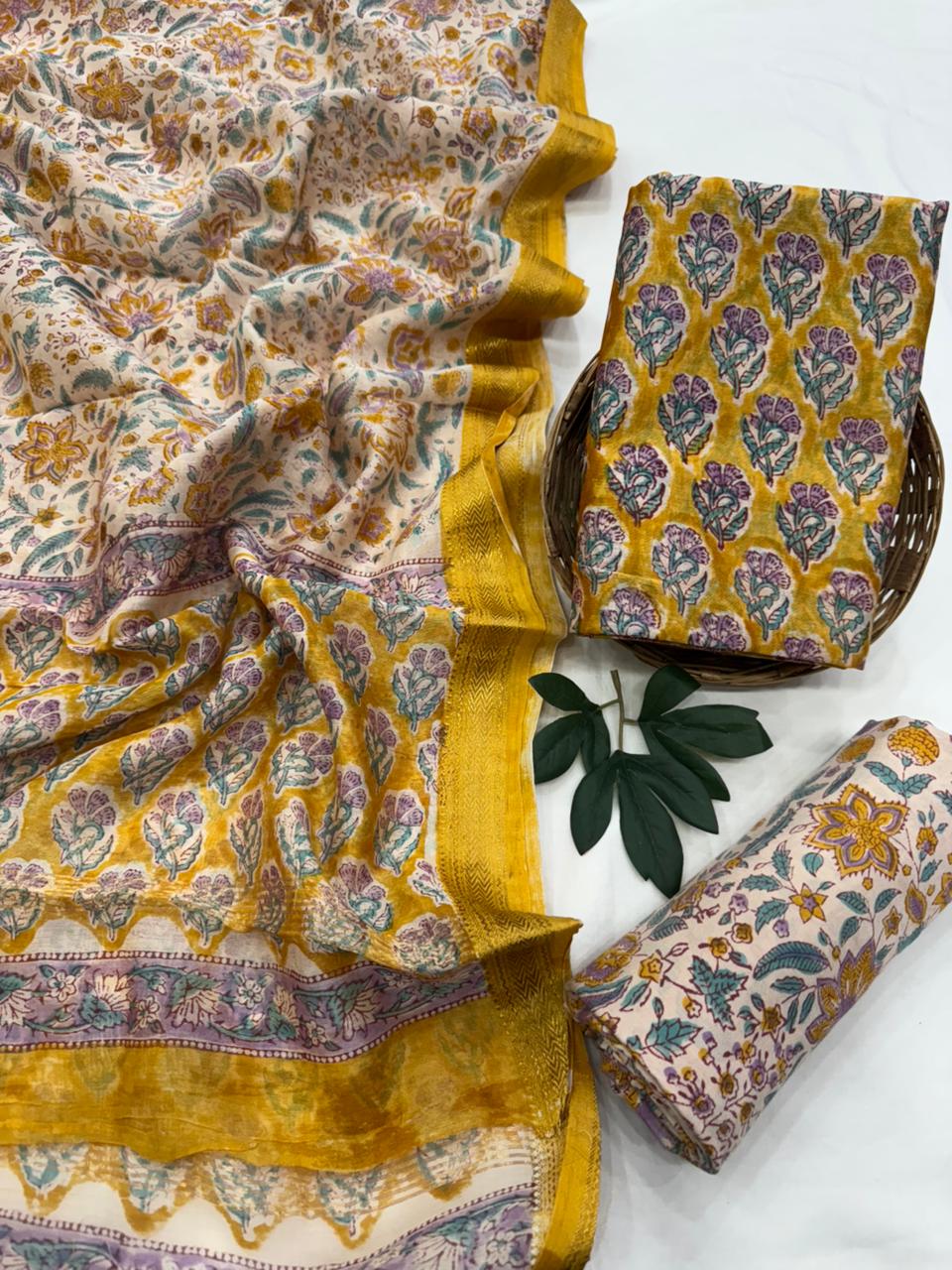 Handblock Printed Premium Maheshwari Silk Unstitched Suit with Santoon Bottom – Festive Ready