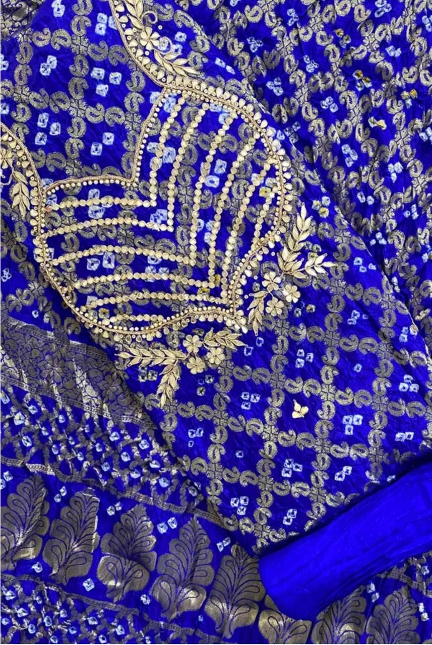 ROYAL BLUE GHATCHOLA BANDHANI BANARASI SILK FABRIC SUITS WITH BEAUTIFUL HAND GOTAPATTI WORK DUPATTA