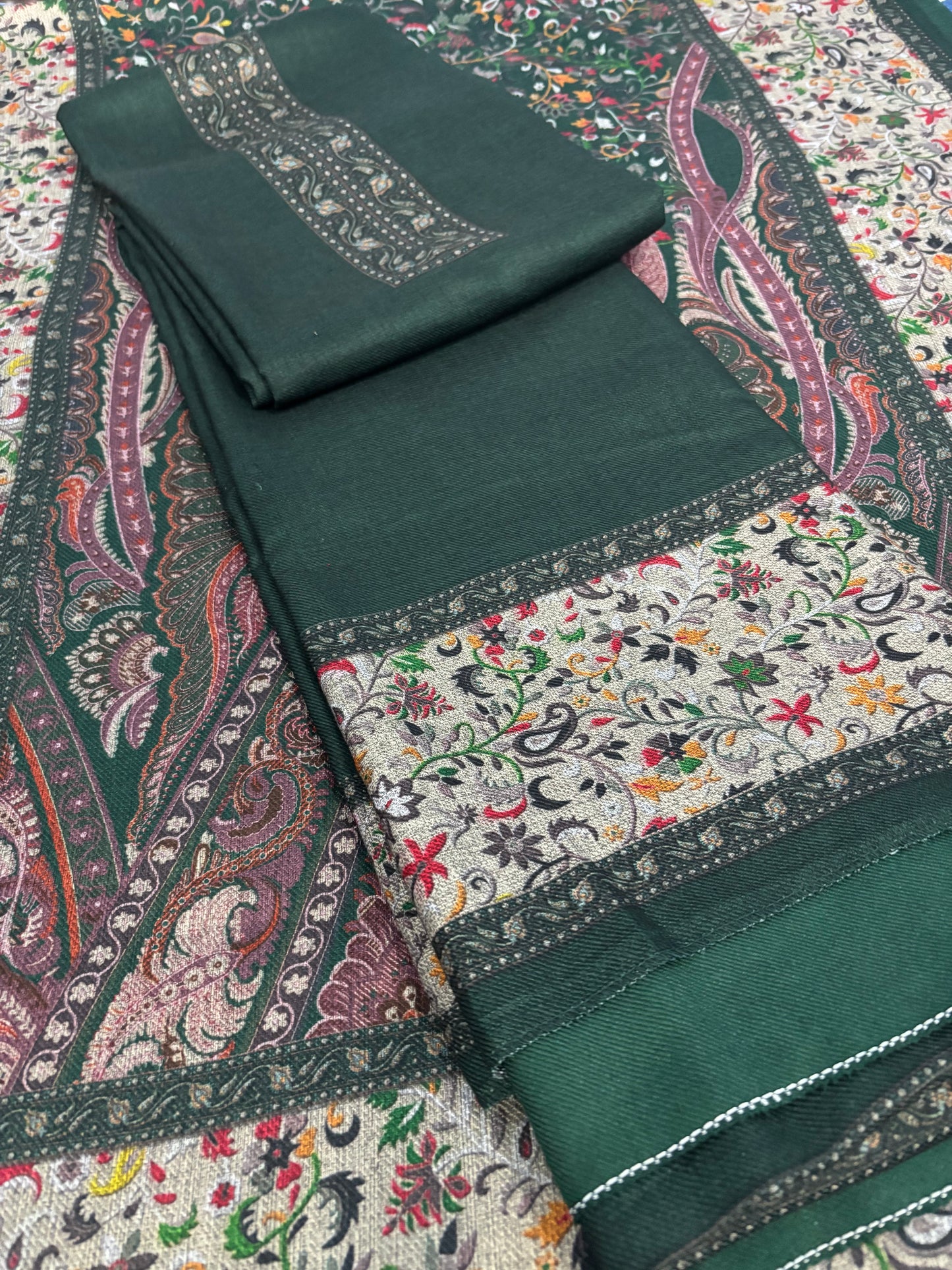 Green Panel Style Floral Printed Semi Pashmina Winter Suit Set