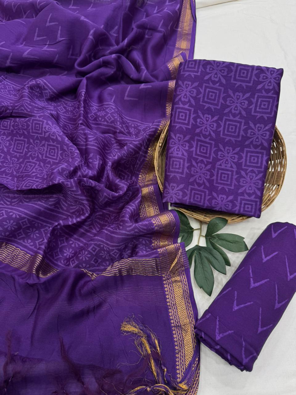 Baingani Handblock Printed Premium Maheshwari Silk Unstitched Suit with Santoon Bottom – Festive Ready