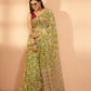 Exclusive Handblock Printed Pure Double Diamond Chiffon Floral Green Print | Premium Bemberg Silk Chiffon with Intricate Gold Zari Border