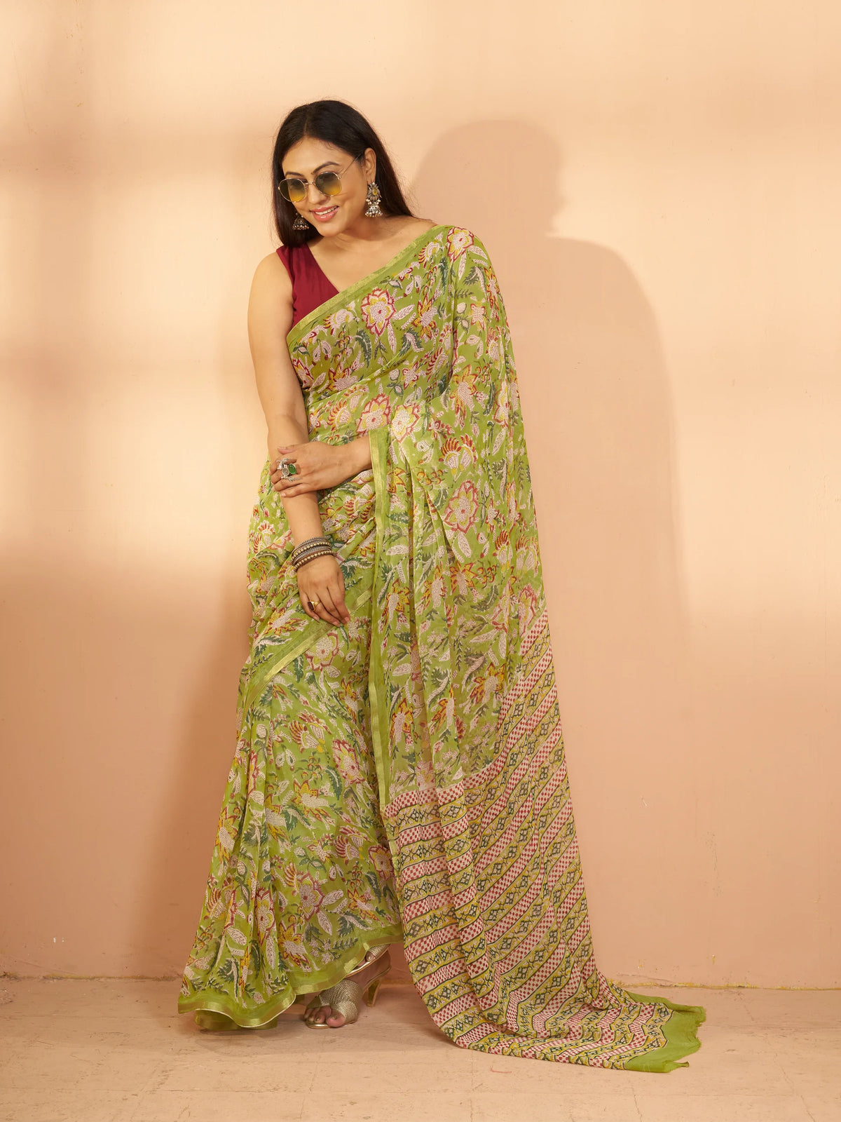 Exclusive Handblock Printed Pure Double Diamond Chiffon Floral Green Print | Premium Bemberg Silk Chiffon with Intricate Gold Zari Border