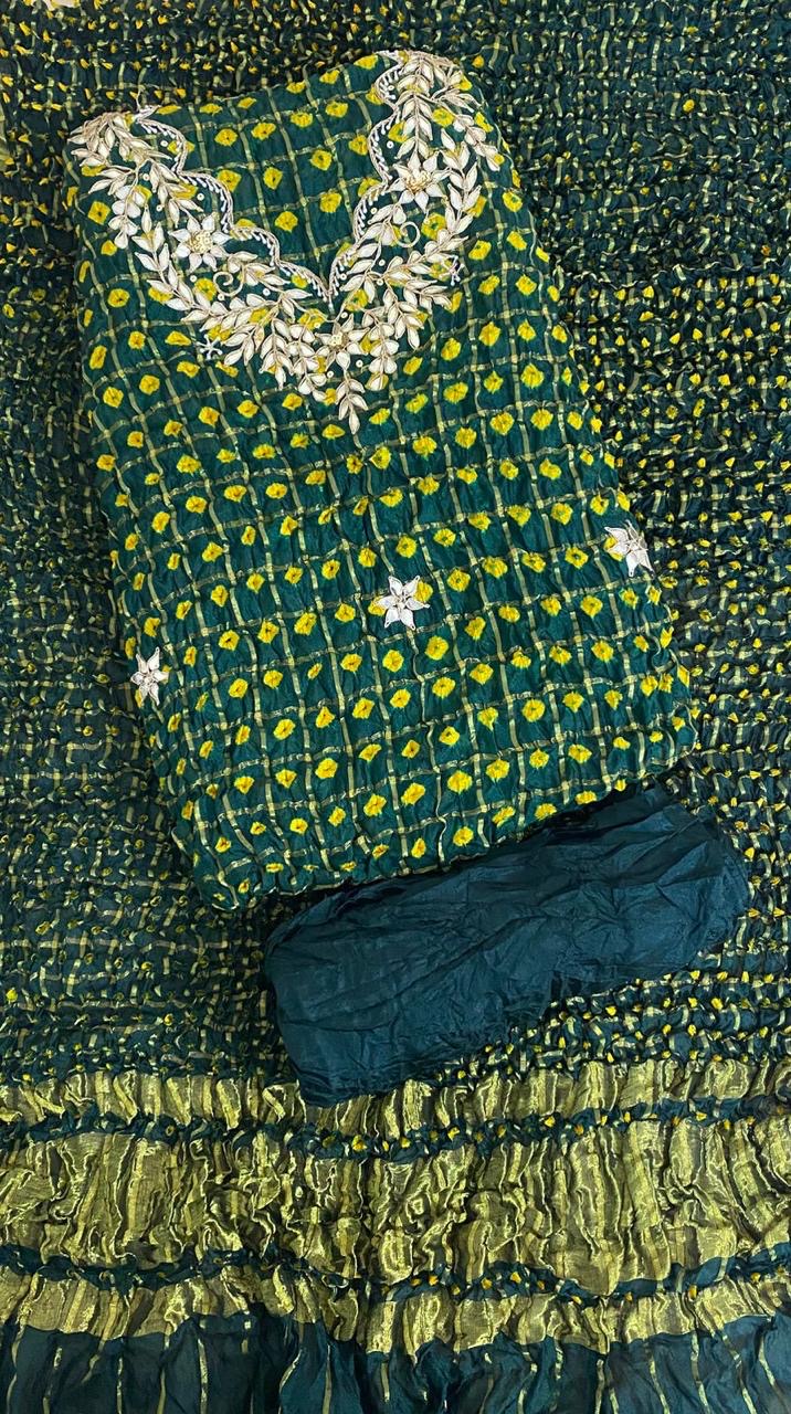 GREEN GHATCHOLA Neck BANDHANI Art SILK FABRIC SUITS WITH BEAUTIFUL HAND GOTAPATTI WORK DUPATTA