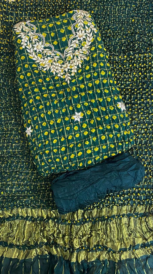GREEN GHATCHOLA Neck BANDHANI Art SILK FABRIC SUITS WITH BEAUTIFUL HAND GOTAPATTI WORK DUPATTA