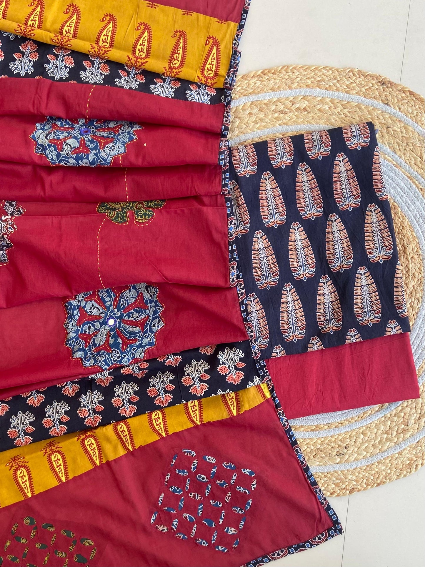 Ajrakh Dupatta suit With hand applique mirror work Ajarakh print Suit pcs with patch work and mirror work dupatta