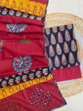 Ajrakh Dupatta suit With hand applique mirror work Ajarakh print Suit pcs with patch work and mirror work dupatta