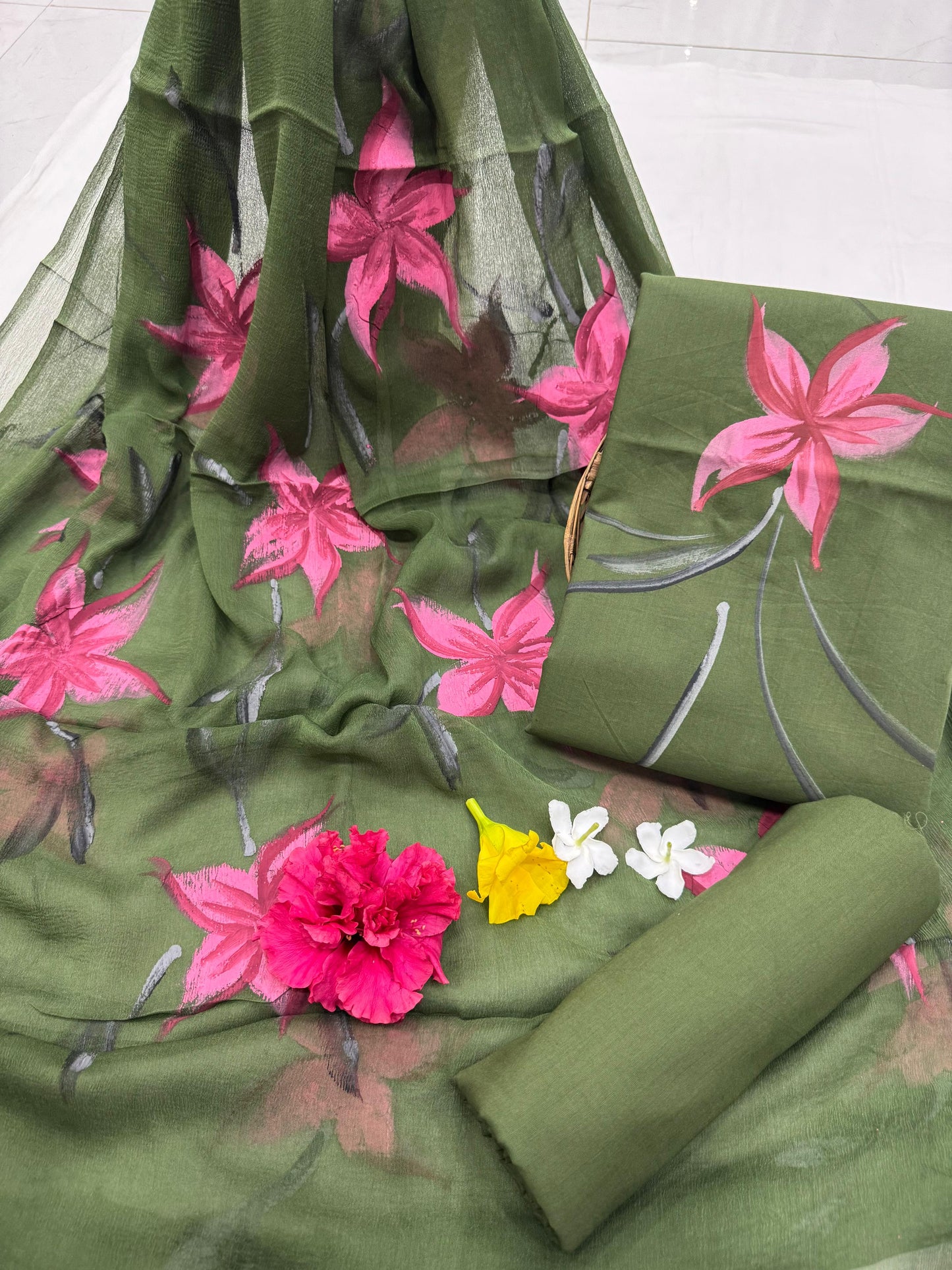 Green Beautiful Hand Painted Cotton Suit With Hand Painted Chiffon Dupatta