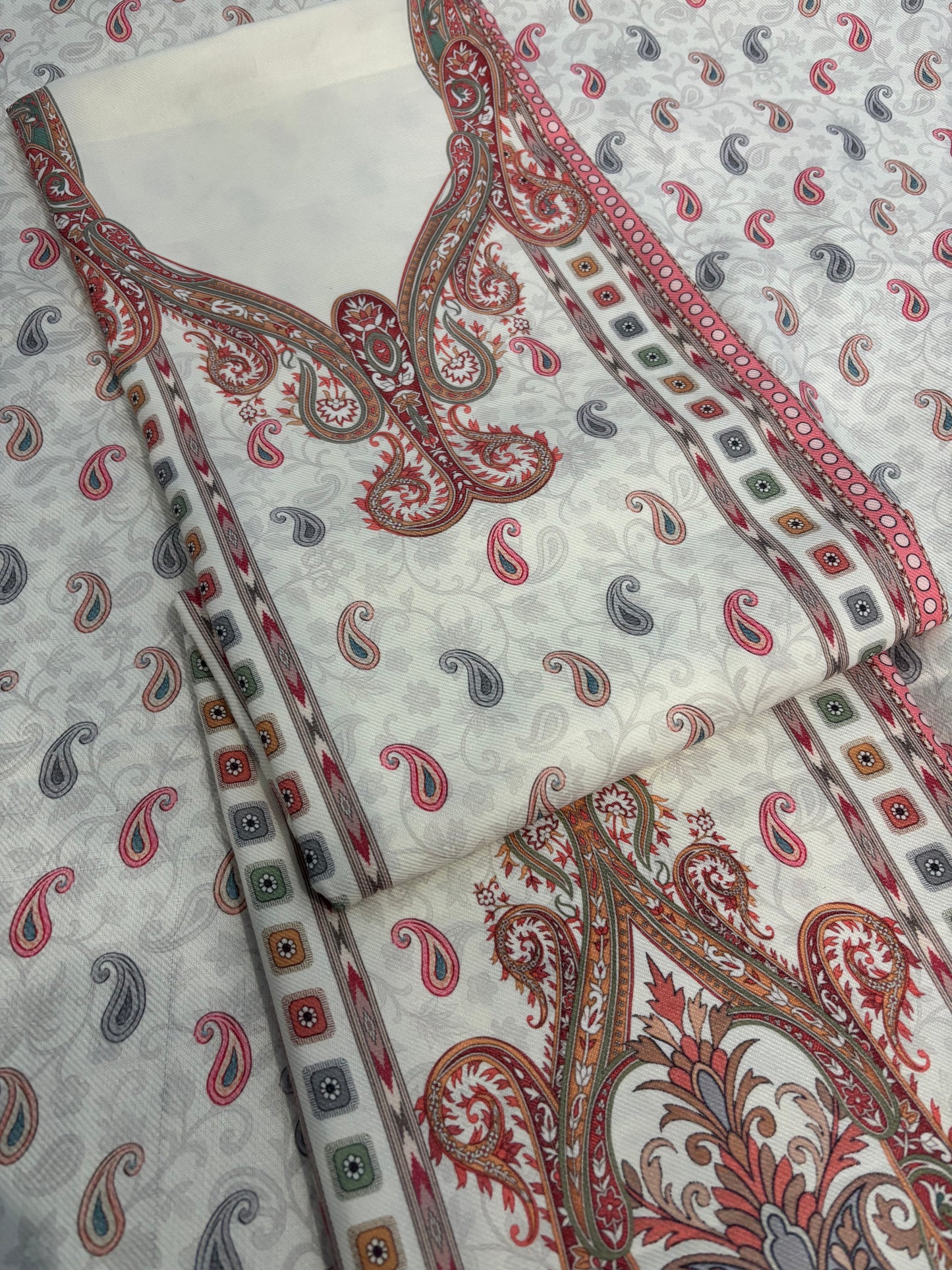Off White Panel Style Floral Printed Semi Pashmina Winter Suit Set