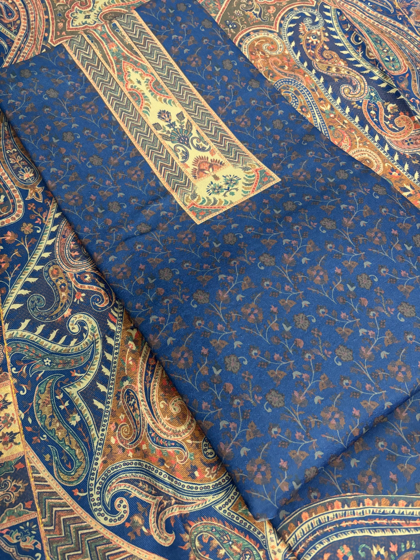 Blue Self Print Panel Style Floral Printed Semi Pashmina Winter Suit Set