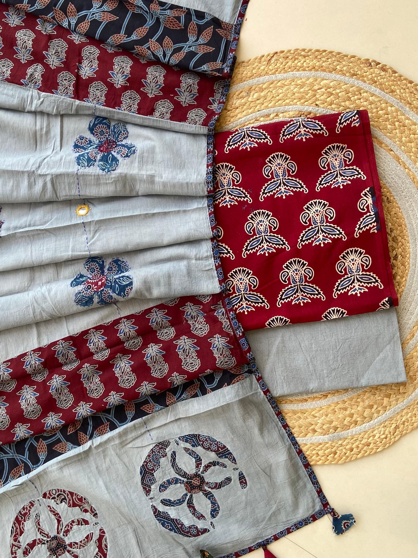 Ajrakh Dupatta suit With hand applique mirror work Ajarakh print Suit pcs with patch work and mirror work dupatta