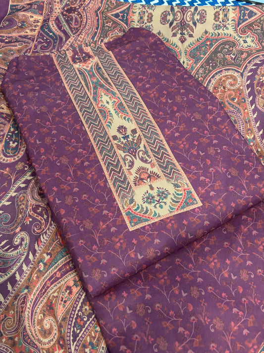 Flasa Panel Style Floral Printed Semi Pashmina Winter Suit Set