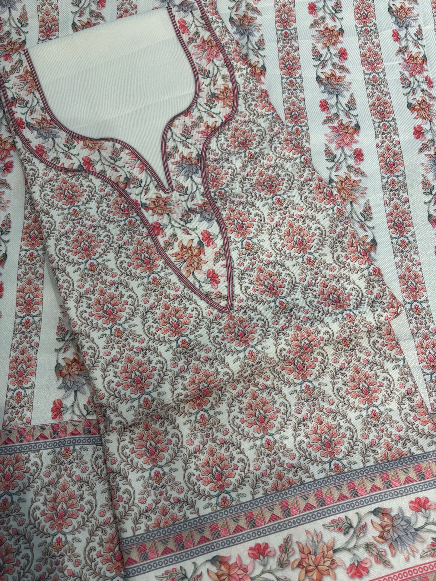 Off White Panel Style Floral Printed Semi Pashmina Winter Suit Set