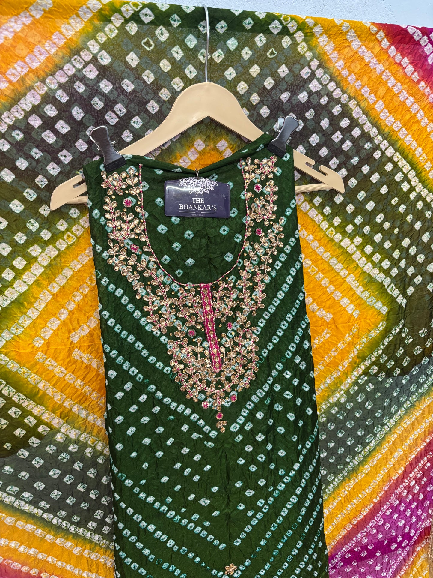 BANDHANI HEAVY SILK FABRIC SUITS WITH BEAUTIFUL HAND GOTAPATTI WORK DUPATTA DOUBLE SHADED