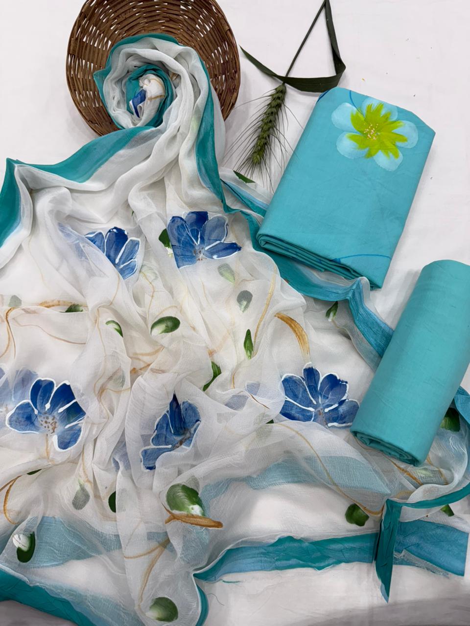 Ice colour Hand Painted Cotton Suit With Hand Painted Chiffon Dupatta