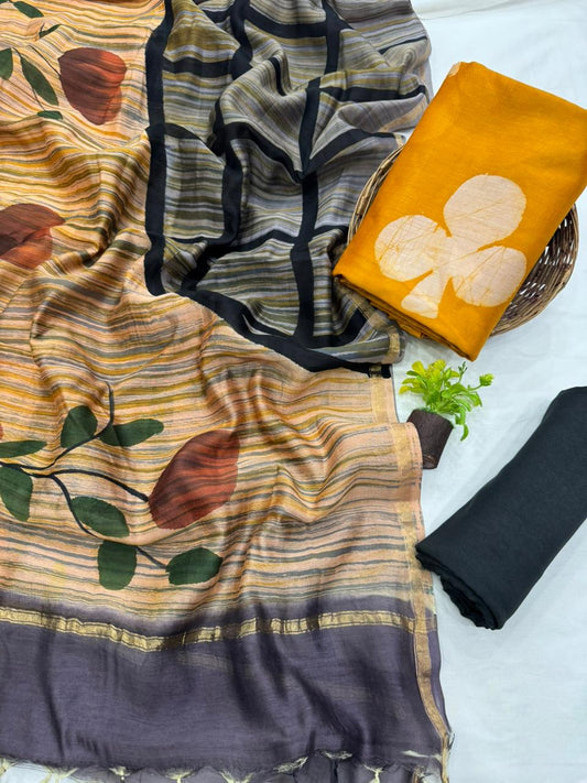 Premium Handblock Print Pure Chanderi Silk Unstitched Suit Set – Handwoven Zari Border | The Bhankar’s