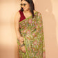 Exclusive Handblock Printed Pure Double Diamond Chiffon Floral Green Print | Premium Bemberg Silk Chiffon with Intricate Gold Zari Border