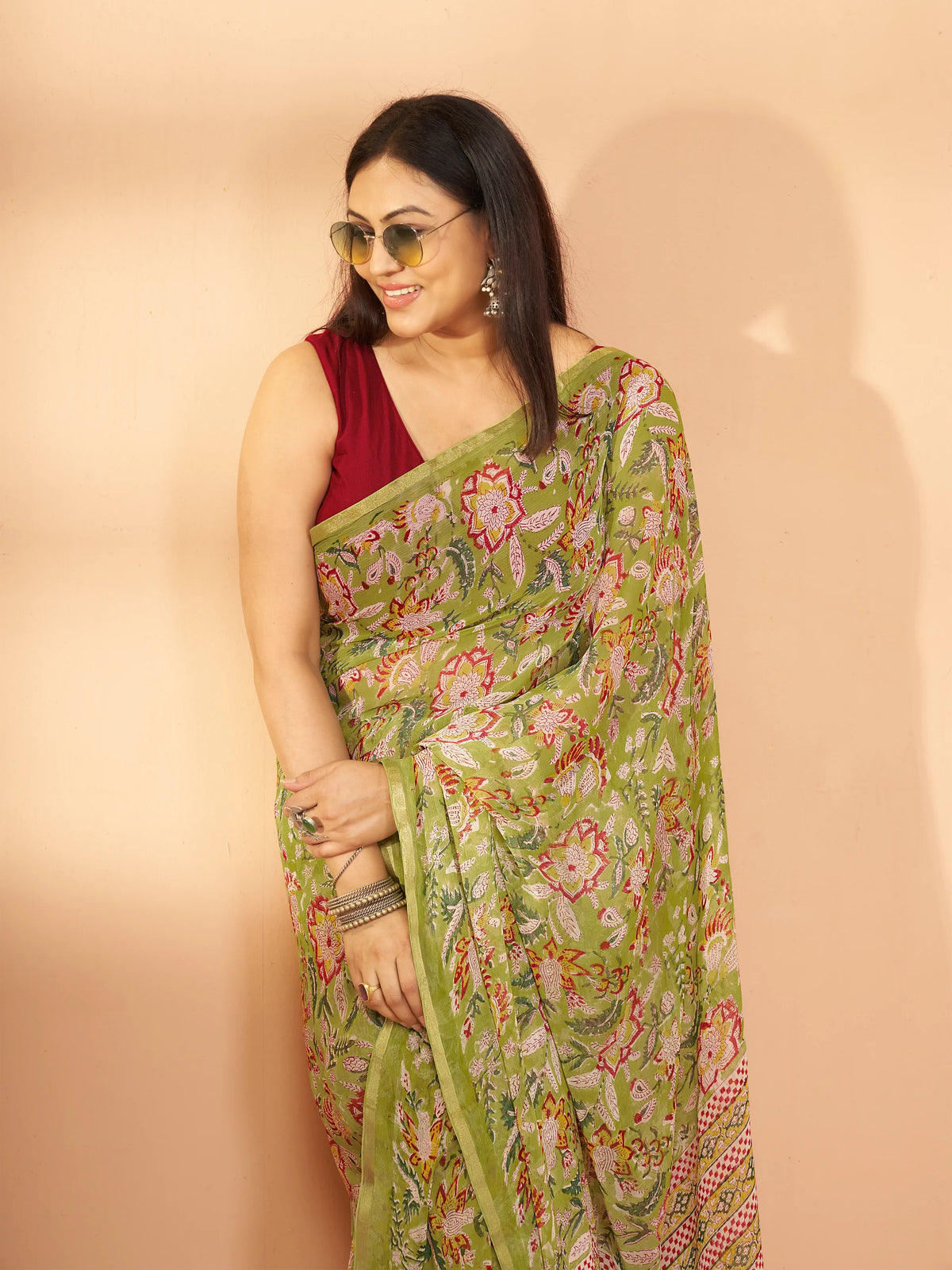 Exclusive Handblock Printed Pure Double Diamond Chiffon Floral Green Print | Premium Bemberg Silk Chiffon with Intricate Gold Zari Border