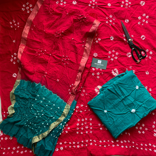 BANDHANI COTTON SUIT SET WITH MULMUL DUPATTA