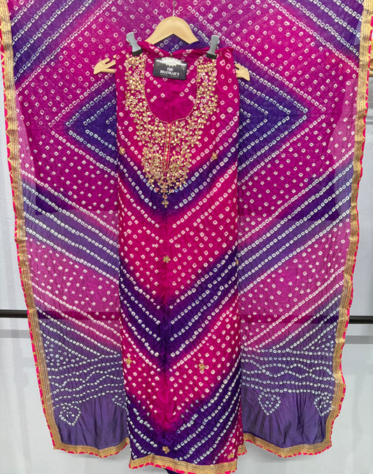 BANDHANI HEAVY SILK FABRIC SUITS WITH BEAUTIFUL HAND GOTAPATTI WORK DUPATTA DOUBLE SHADED
